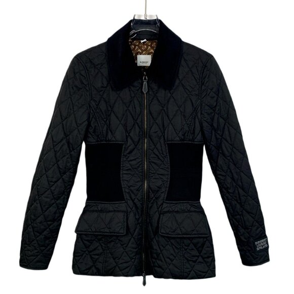 Burberry Womens Black Quilted Jacket With Velvet Collar Cinched